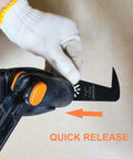 HEMUNC drywall blade installed in oscillating multitool; black blade with orange quick-release lever visible