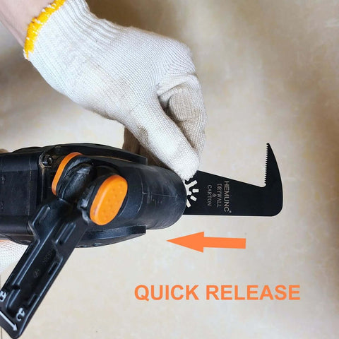 HEMUNC drywall blade installed in oscillating multitool; black blade with orange quick-release lever visible