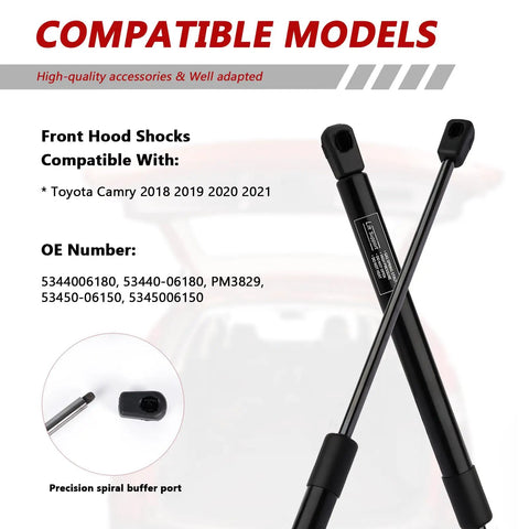 Heavy Duty Front Hood Gas Struts Built Tough As Nails For Toyota Camry 2018 To 2023 displayed with specifications and compatibility details.