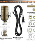 Antique Brass Lamp Rewire Kit With 12 Foot Polarized Cord Rock Solid Socket Replacement And Dead Simple Diy Wiring For Quick Table Or Floor Lamp Fix Ups contents including socket, cord, and fittings.