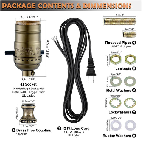 Antique Brass Lamp Rewire Kit With 12 Foot Polarized Cord Rock Solid Socket Replacement And Dead Simple Diy Wiring For Quick Table Or Floor Lamp Fix Ups contents including socket, cord, and fittings.