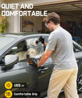 Man using Pro Grade Mini Cordless Car Buffer Polisher P10 Pro on car door near side mirror, showing quiet operation and comfortable grip.