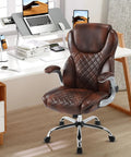 Big And Tall Leather Office Chair With Flip Up Arms High Back Executive Desk Chair On Wheels Ergonomic Rocking Managerial Chair With Lumbar Support For All Day Comfort Brown in home office setting