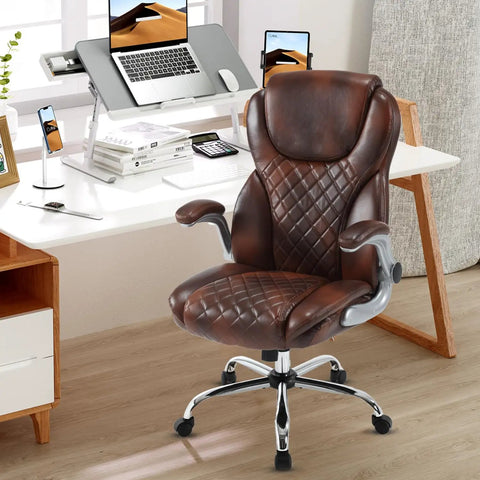 Big And Tall Leather Office Chair With Flip Up Arms High Back Executive Desk Chair On Wheels Ergonomic Rocking Managerial Chair With Lumbar Support For All Day Comfort Brown in home office setting