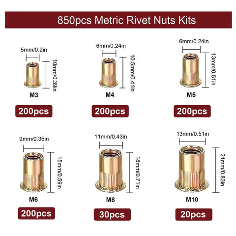 850 Piece Metric Rivnut Kit For Metal DIY Projects Includes M3 To M10 Rivnuts In Six Sizes With Zinc Coated Carbon Steel