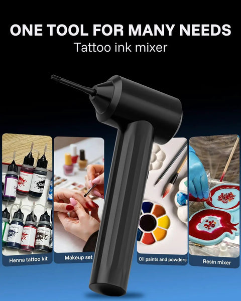 Rechargeable Tattoo Ink Mixer For Microblading And Eyebrow Pigment With All Day Battery Life Pro Grade Motor Three Speeds Includes 105 Mixing Sticks Electric Pigment Agitator For Flawless Color And Smooth Ink shown with various uses including henna tattoos, makeup, oil paints, and resin mixing
