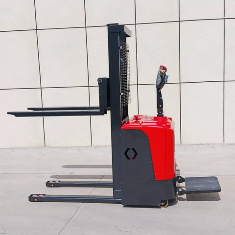 Profile view of The Ultimate Full Electric Walkie Pallet Stacker With 1000kg Or 1500kg Capacity And A Smooth 3000mm Lift Height.