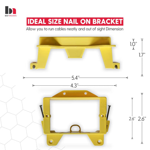 Yellow Nail On Low Voltage Mounting Brackets For New Construction 1 Gang dimensions illustration for drywall installation.