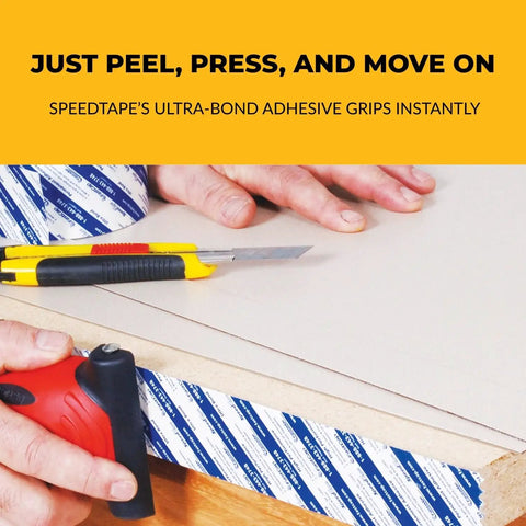 Peel And Stick SpeedTape Double Sided Edge Banding Tape For Woodworking Laminate Bonding And Templates Heavy Duty Adhesive tape being applied to wood.