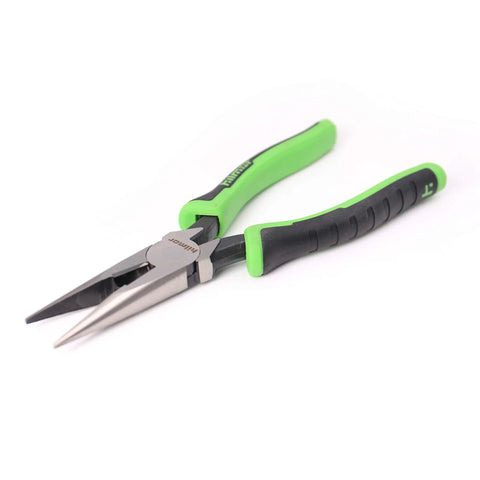 8 Inch Long Nose Pliers With Rubber Grip Handle Black And Green Needle Nose Steel With Laser Hardened Cutting Edge For Sharp Lasting Cuts Non Slip Ergonomic Grips For Pro Jobs And DIY Projects