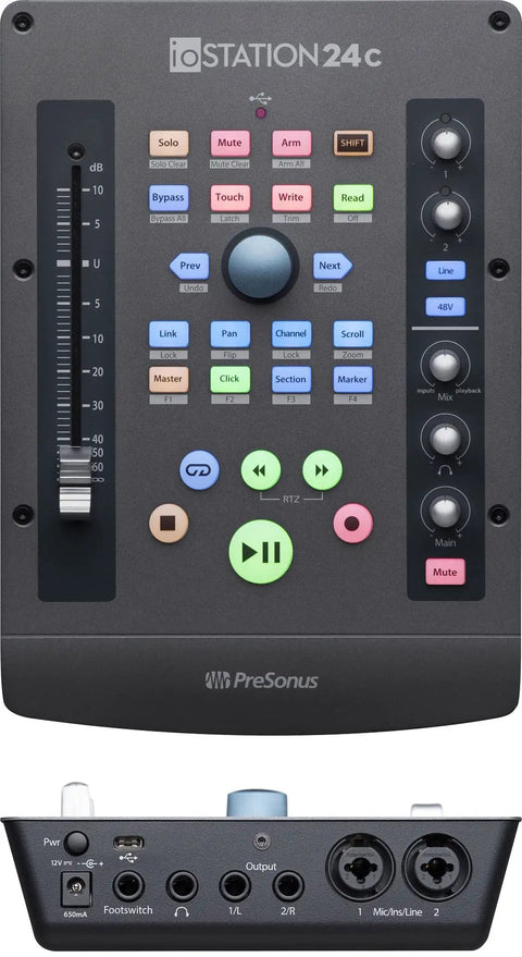 Top view of IoStation 24C 2x2 USB Audio Interface and Production Controller With 192 KHz Conversion showcasing controls and inputs