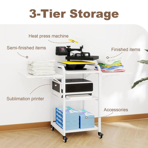 Three Tier Movable Heat Press Table With Foldable Stand And Workbench For Heat Transfer Machines Space Saving Design with storage tiers