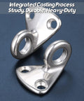 Top Shelf Heavy Hitter Stainless Steel Pad Eye Hooks Marine Grade Wall Mount Coat Hanger Screw Down Fender Hardware For Outdoor Rust Proof Rock Solid Grip 4 Pack, close-up view of two heavy-duty hooks.
