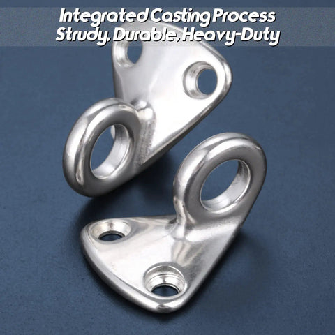 Top Shelf Heavy Hitter Stainless Steel Pad Eye Hooks Marine Grade Wall Mount Coat Hanger Screw Down Fender Hardware For Outdoor Rust Proof Rock Solid Grip 4 Pack, close-up view of two heavy-duty hooks.