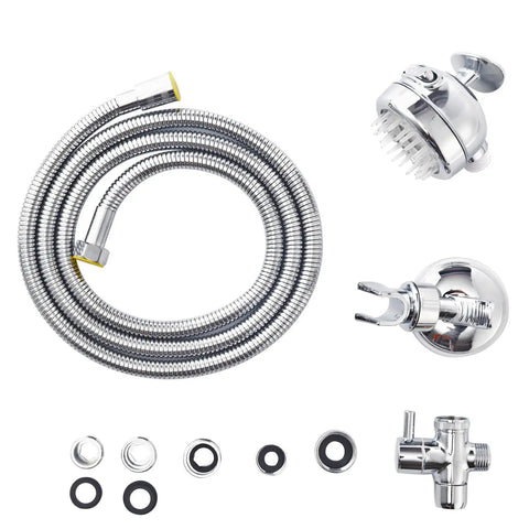 Three Mode Faucet Sprayer Attachment With 5.9 Foot Hose For Kitchen Bathroom And Garden Handheld Sprayer With Massage Rainfall Off Settings Durable Brass Aerator And Adapters Easy Install And Versatile Watering showing hose, adapters, and spray head.