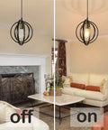 Plug In Industrial Pendant Light With Rotatable Cage in black and gold over a living room with light on and off comparison