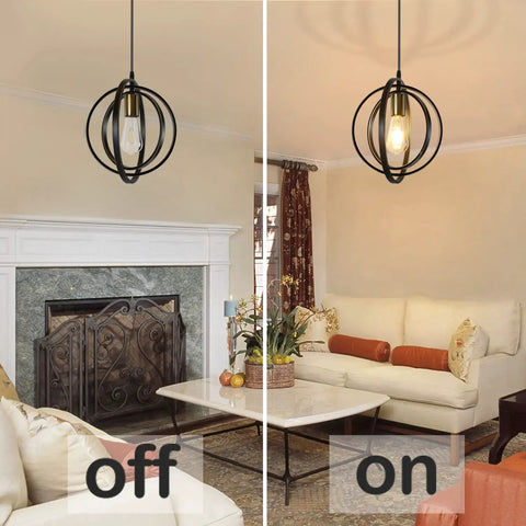 Plug In Industrial Pendant Light With Rotatable Cage in black and gold over a living room with light on and off comparison