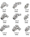 36-Piece Nickel-Plated Steel Grease Fittings Kit With Straight And Angled Nipples 1/4-28, 5/16-24, 3/8-24 Threads display