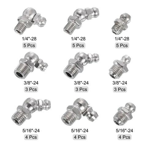 36-Piece Nickel-Plated Steel Grease Fittings Kit With Straight And Angled Nipples 1/4-28, 5/16-24, 3/8-24 Threads display