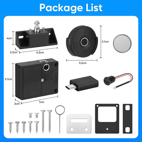 Package contents of Smart Cabinet Lock With Fingerprint, Remote Unlock, And USB Key Backup, Holeless Installation for closets and drawers