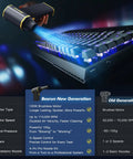 Electric Air Duster Boss 110,000 RPM 120W Cordless Blower cleaning computer keyboard with comparison chart of features.