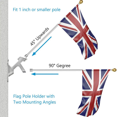 Heavy Duty Aluminum Flag Pole Bracket Fits One Inch Poles Rust Proof Porch Stand showing a flag holder with two mounting angles.