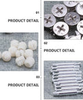 24 Piece Furniture Connector Dowel And Cam Lock Set For Quick Easy Cabinet Assembly with white iron and nylon fasteners, close-up.
