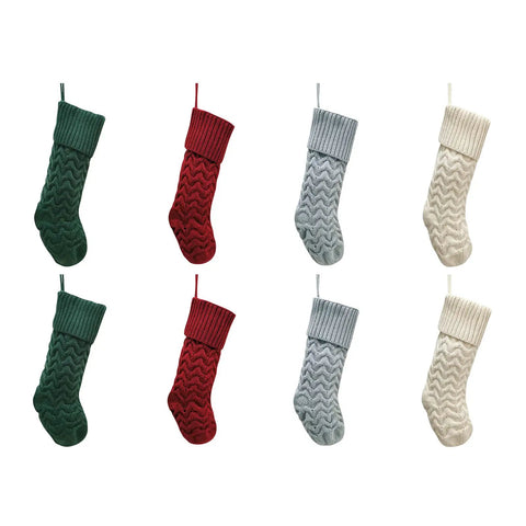 Cozy Knitted Christmas Stocking Gift Bags for candy treats, shown in green, red, grey, and white, ideal for seasonal decor.