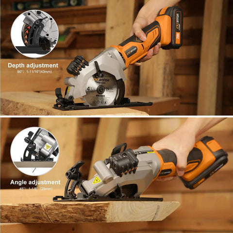 Hot Rodded Cordless Circular Saw With Laser Guide For Spot On Cuts Every Single Day 20V Rechargeable Battery with depth and angle adjustment.