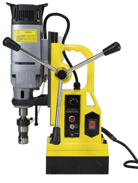 Pro Level Magnetic Drill Press Featuring Badass 2700 Lbs Clamping Power And Top Tier 2 Inch High Speed Steel Annular Cutter Kit, front view.