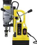 Professional Heavy Duty Magnetic Drill Press With 13 Piece Tungsten Carbide Annular Cutter Kit, 2700 Lbs Holding Force, Knockout Metal Cutting Powerhouse, 1-3/4 Inch Cut Depth front view of yellow magnetic drill press with speed control.