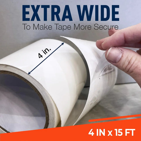 Close-up of 4 in x 15 ft roll of Heavy Duty Waterproof Tape For Leaks Tough As Nails All Weather Sealant For Outdoor And Indoor Repairs Marine Grade Weatherproof Tape With Super Strong Adhesive For Pools Roofs Plumbing And More White, showing width
