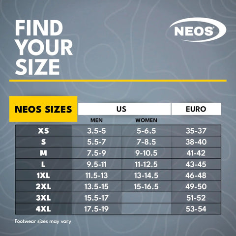 Chart showing NEOS shoe sizes for men and women in US and Euro sizes for Dope Solid Glacier Trek Spike Boots With Heel Cleats Deliver Mean Ice And Snow Traction For Rough Outdoor Grinds Featuring Waterproof Nylon Uppers And Thirty Two Swappable Metal Spikes Plus A Wrench In Black Size Eleven.