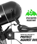 Close-up of Beastly 30 Inch Indoor Oscillating Wall Fan motor showing IP44 water resistance and dust protection features.