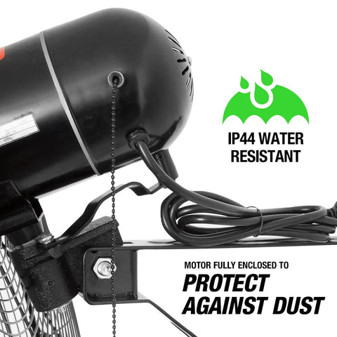 Close-up of Beastly 30 Inch Indoor Oscillating Wall Fan motor showing IP44 water resistance and dust protection features.