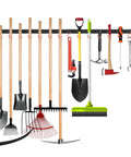 Solid Metal 64 Inch Wall Mount Garden Tool Organizer With 4 Rails And 16 Hooks for hanging yard tools in a garage or shed