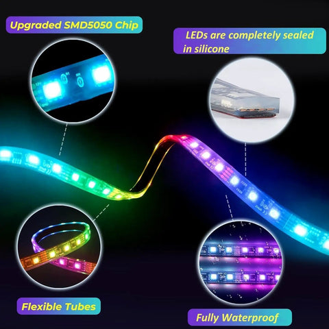 Multicolor LED Golf Cart Canopy Lights Kit With Remote, showing flexible waterproof silicone RGB light strip and details