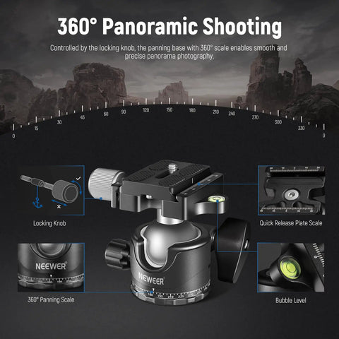 Low Profile Camera Tripod Ball Head for Arca Compatible Plate 38mm with panorama settings and locking knob details