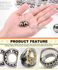 Front view: hand holding mixed stainless steel bearing balls from a 1-12 mm size assortment