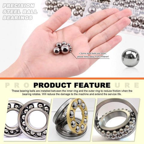 Front view: hand holding mixed stainless steel bearing balls from a 1-12 mm size assortment