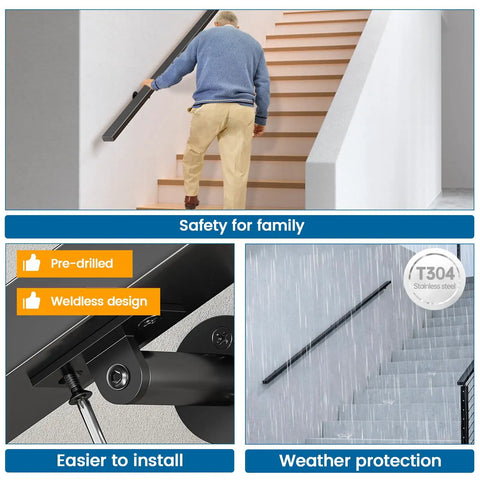 Bulletproof Stainless Steel Stair Handrail Ten Foot Wall Mount With No Sweat Setup Pre Drilled Holes. Safety grip on stairs.
