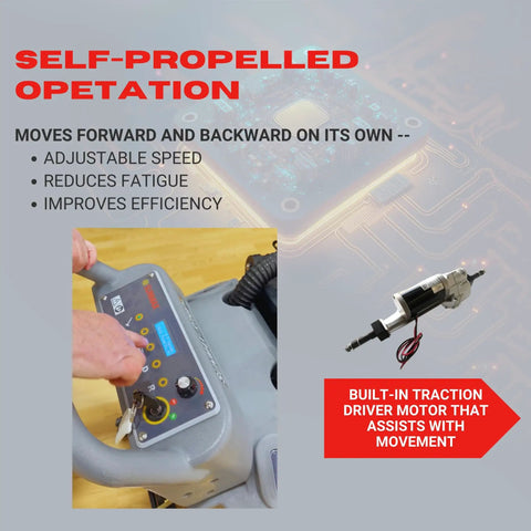 Close-up view of control panel of 28-Inch Commercial Floor Scrubber With Dual Brushes And Pad System, 14.5-Gallon Tank, Self-Propelled Traction Drive panel