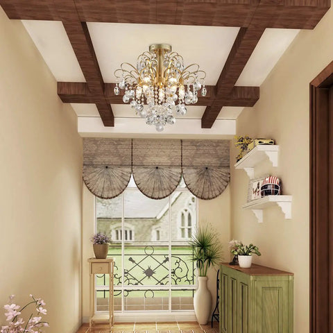 Crystal Chandelier Flush Mount Ceiling Light With Sparkling Glass Crystals Glam Gold Finish Modern Fixture in hallway