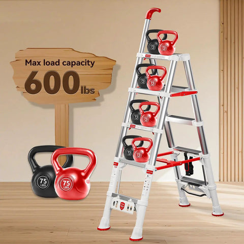 Heavy Duty A Frame Telescoping Extension Ladder With Safety Lock Four Point Four Foot Foldable Aluminum Ladder Five Step Stool That Holds Up To 600 Pounds For Home Projects And Everyday DIY, shown with kettlebells and 600 lbs sign