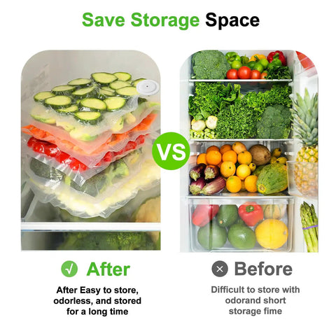 Comparison of fresh produce storage with Compact Food Vacuum Sealer With 80KPa Suction in reusable bags vs open fridge top view.