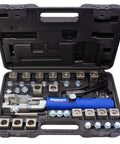 Mastercool universal hydraulic flaring tool kit in black case with blue ram and assorted dies