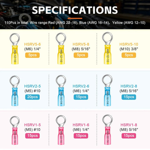 Snap Up This Hella Rock Solid 110 Piece Heat Shrink Wire Connectors Kit With Durable Tinned Copper Terminals Built Tough For Automotive Marine And Daily Electrical Wiring Projects specifications chart with connector sizes and colors.