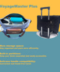 Drvoon expandable blue duffel bag opened with items; black checkerboard rolling luggage attached to a suitcase.