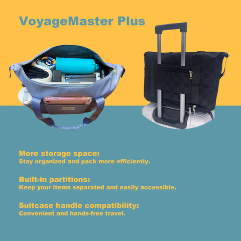 Drvoon expandable blue duffel bag opened with items; black checkerboard rolling luggage attached to a suitcase.