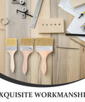 Three Piece Paint Brush Set For Deck, Fence, Wall Stain on wooden surface with tools, durable wood handles visible